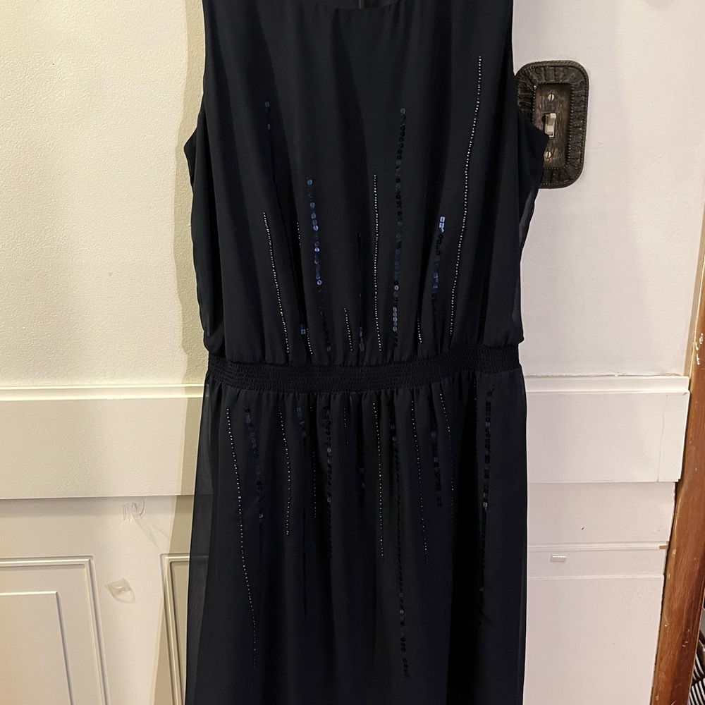 GAP Navy Blue Sleeveless Midi Dress with Sequin Stripes
